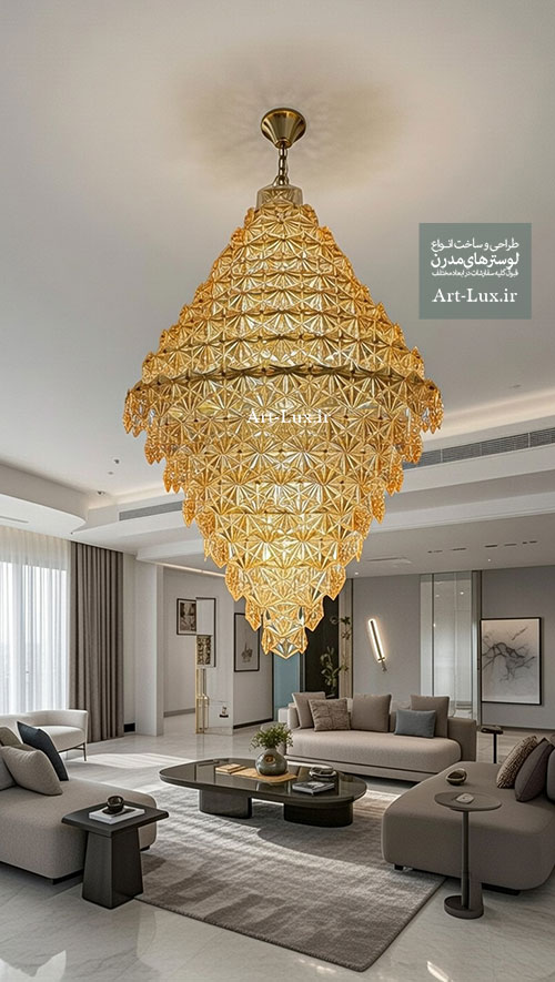 شاهکار کریستال ۶ ضلعی | لوستر الماسی بزرگ ۱ متری با رنگ سفارشی آنتیک و مدرن