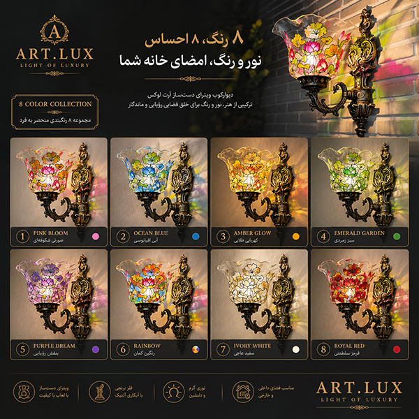 دیوارکوب ویترای دستساز آرت لوکس با شیشه گلدار رنگی، بدنه فلزی کلاسیک و نورپردازی دکوراتیو مناسب ویلا، هتل و دکوراسیون لوکس دیوارکوب ویترای دستساز آرت لوکس با شیشه گلدار رنگی، بدنه فلزی کلاسیک و نورپردازی دکوراتیو مناسب ویلا، هتل و دکوراسیون لوکس
