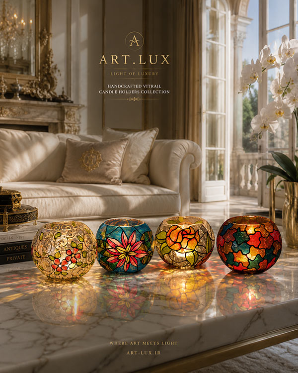 جاشمعی دکوراتیو ویترای Art Lux با شیشه دستساز، مناسب میز پذیرایی، میز شام، لابی هتل و فضاهای لوکس نئوکلاسیک جاشمعی دکوراتیو ویترای Art Lux با شیشه دستساز، مناسب میز پذیرایی، میز شام، لابی هتل و فضاهای لوکس نئوکلاسیک