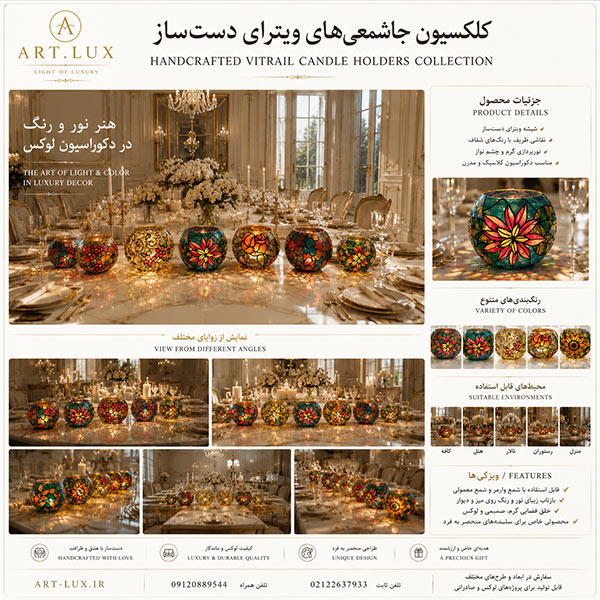جاشمعی دکوراتیو ویترای Art Lux با شیشه دستساز، مناسب میز پذیرایی، میز شام، لابی هتل و فضاهای لوکس نئوکلاسیک Luxury handcrafted stained glass candle holder by ART.LUX featuring colorful vitrail glass, elegant ambient lighting and premium home décor design