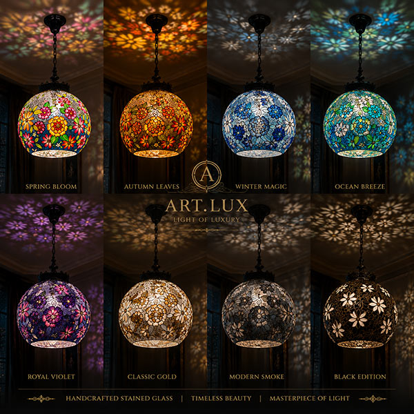 Luxury handcrafted stained glass chandelier collection by ART.LUX featuring colorful vitrail glass, artistic ceiling light reflections, premium lighting for luxury villas, hotels, restaurants and architectural interior projects کلکسیون لوستر شیشهای ویترای Art Lux با انعکاس نورهای رنگی روی سقف، طراحی دستساز، مناسب دکوراسیون کلاسیک، نئوکلاسیک و فضاهای لوکس