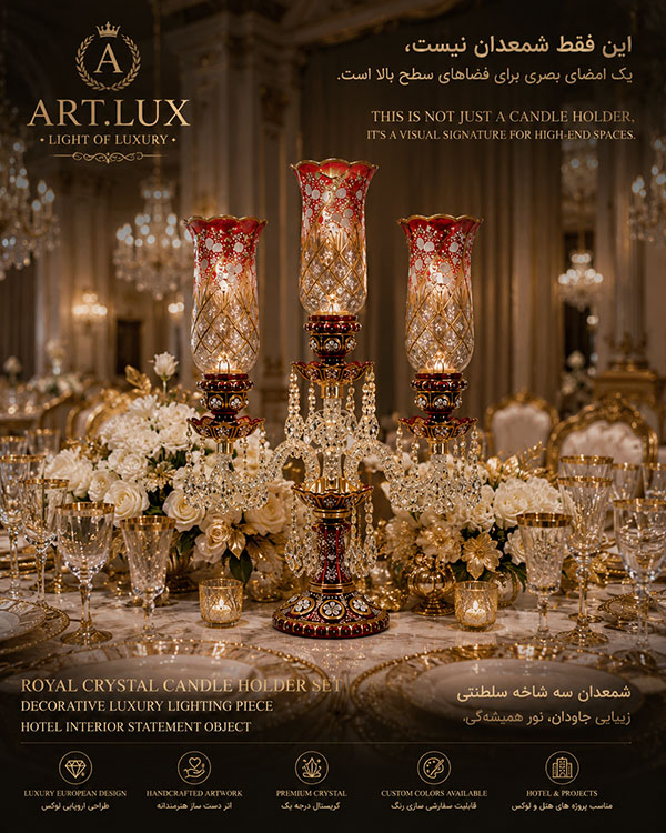 Royal crystal three arm candle holder in luxury neoclassical mansion interior with golden lighting Royal crystal three arm candle holder in luxury neoclassical mansion interior with golden lighting