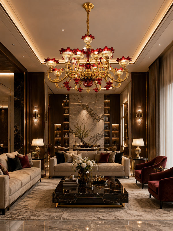 Luxury Moroccan crystal chandelier with handcrafted red glass for luxury villas and premium interiors